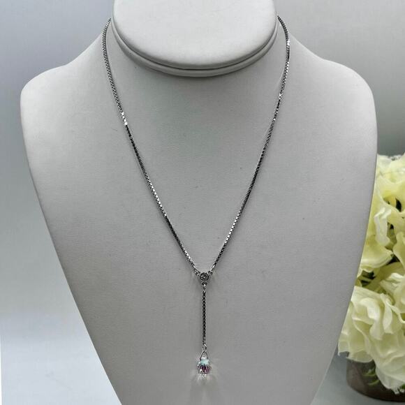 Swarovski Signed Rhodium Sterling Silver Box Chain Crystal Briolett Necklace - Picture 1 of 14